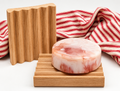 Alder Elevation Soap Dish with handmade soap and red striped cottage towel