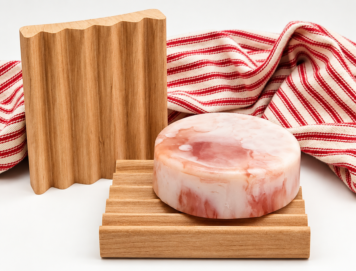 Alder Elevation Soap Dish with handmade soap and red striped cottage towel