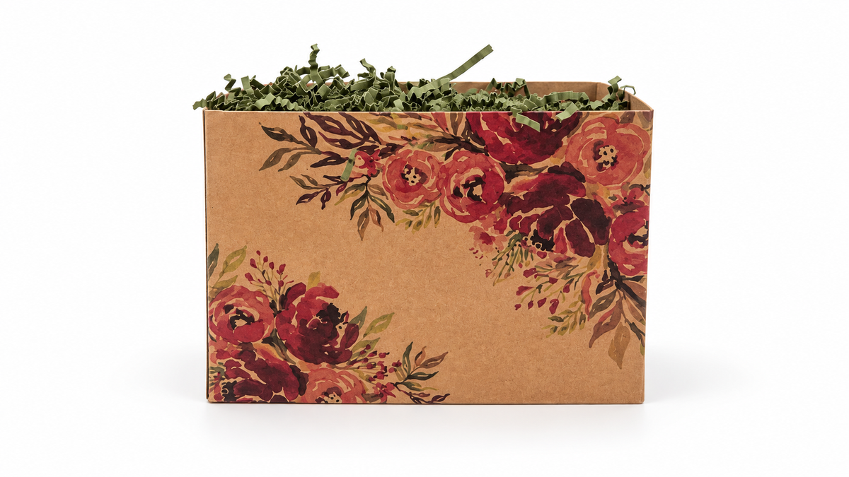 Autumn floral kraft gift tote with green crinkle paper