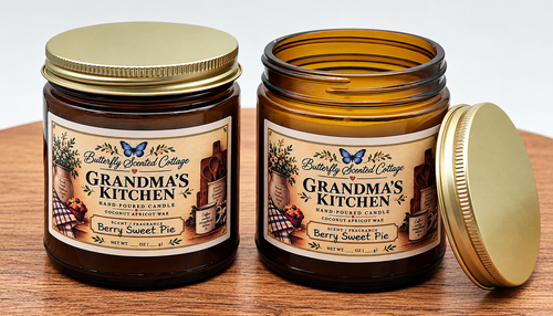 Two amber Berry Sweet Pie hand-poured candles from Butterfly Scented Cottage