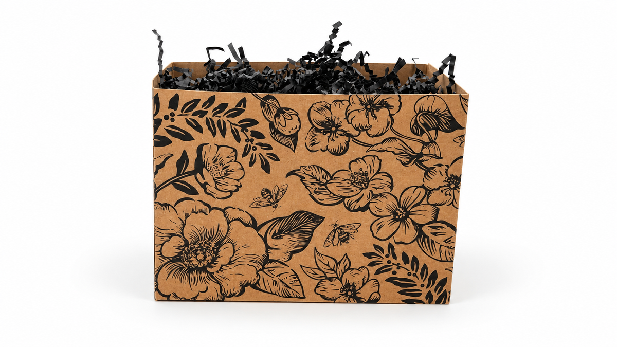 Black botanical kraft gift tote with black crinkle paper