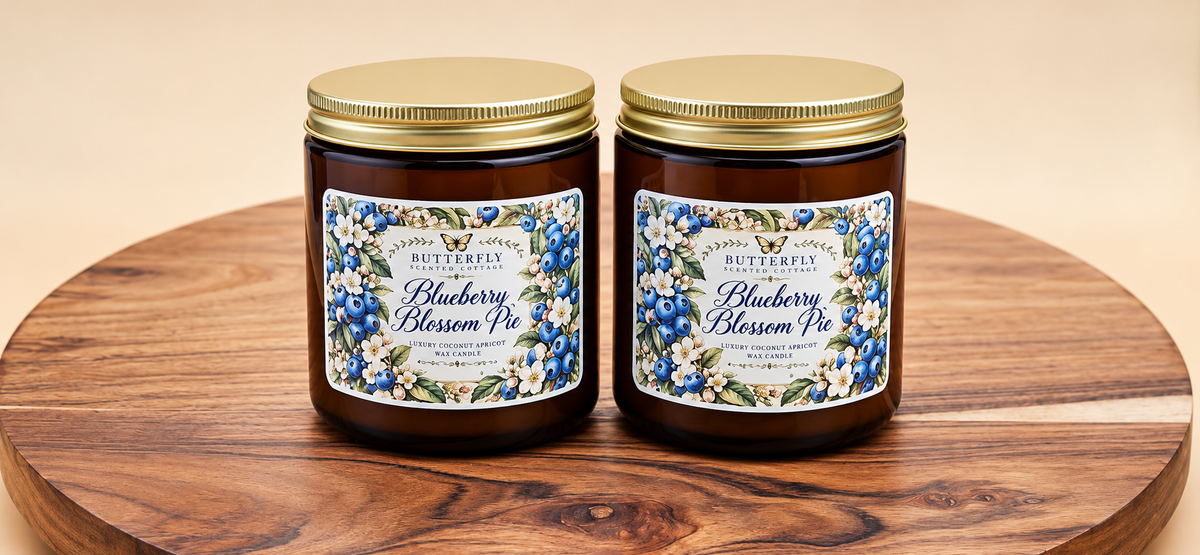Two Blueberry Blossom Pie coconut apricot wax candles from Butterfly Scented Cottage