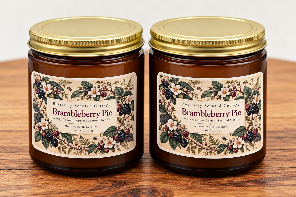 Brambleberry Pie luxury coconut apricot scented candle by Butterfly Scented Cottage