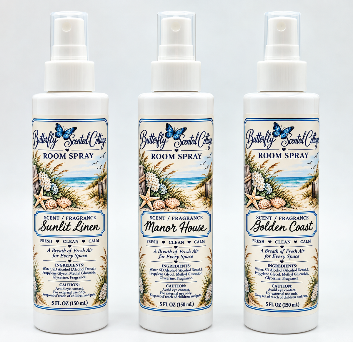 Butterfly Scented Cottage room sprays in Sunlit Linen, Manor House, and Golden Coast