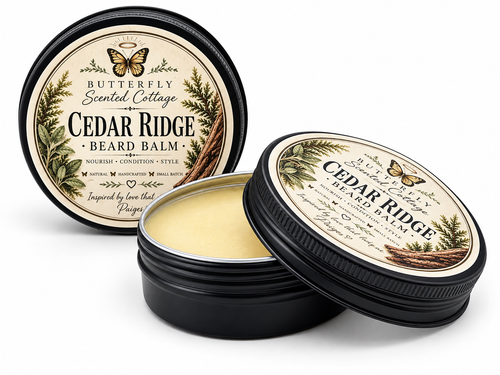 Butterfly Scented Cottage Cedar Ridge beard balm tins with one open tin