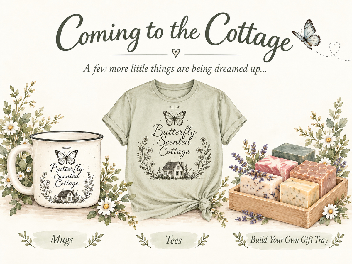 Coming to the Cottage illustrated preview featuring Butterfly Scented Cottage mugs, tees, and a build-your-own gift tray