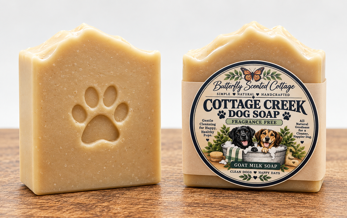 Cottage Creek Unscented Dog Soap handmade goat milk dog soap with paw print and kraft label
