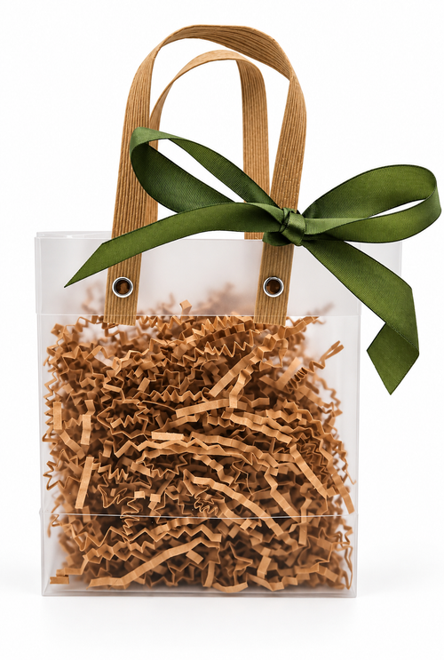 Petite frosted cottage gift bag kit with ribbon and kraft crinkle fill