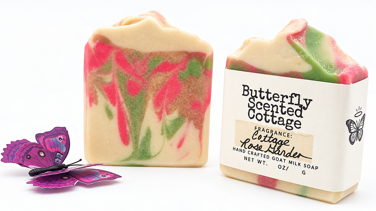 Cottage Rose Garden handcrafted goat milk soap with purple butterfly