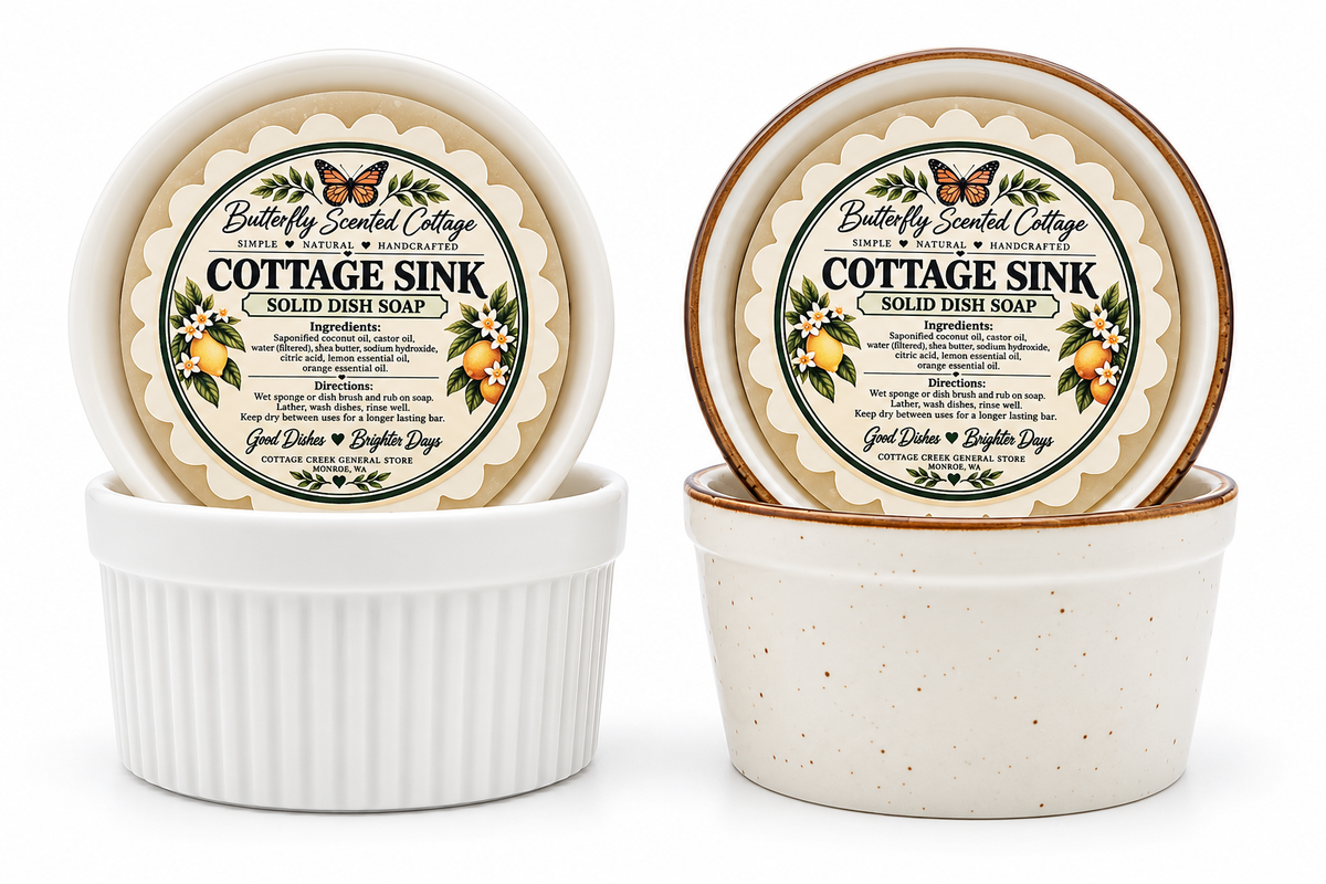 Cottage Sink solid dish soap with white and white speckled ramekins
