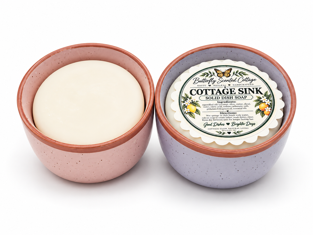 Cottage Sink solid dish soap in pink and purple speckled ramekins