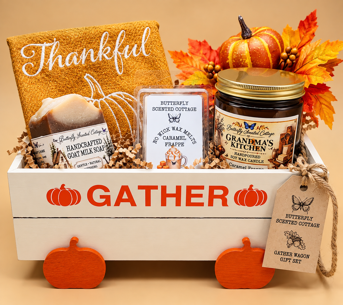 Cozy Coffee Gather Wagon Gift Set with Thankful towel, Caramel Morning Brew soap, Caramel Frappe wax melts and Grandma's Kitchen candle
