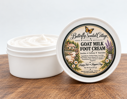 Butterfly Scented Cottage Goat Milk Foot Cream with open jar showing white cream