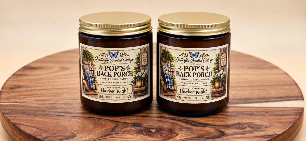 Two Harbor Night candles from Butterfly Scented Cottage Pop’s Back Porch