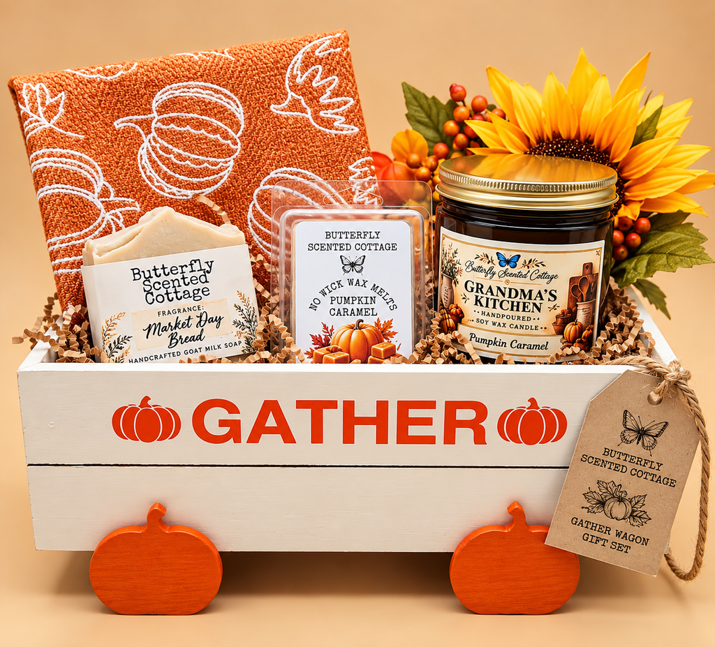 Harvest Gather Wagon Gift Set with Market Day Bread soap, Pumpkin Caramel wax melts and Grandma's Kitchen candle