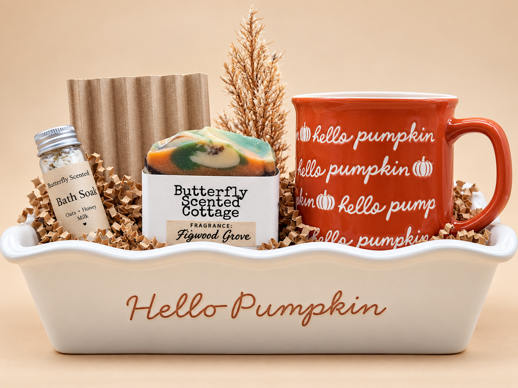 Hello Pumpkin ceramic loaf pan gift set with Figwood Grove soap, mini Oat and Honey bath soak, wooden soap saver and Hello Pumpkin mug
