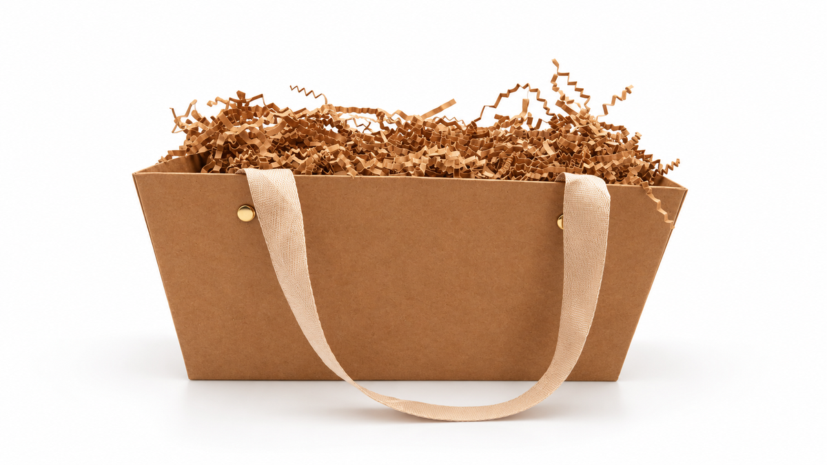 Kraft gift tote with beige ribbon handles and kraft crinkle paper