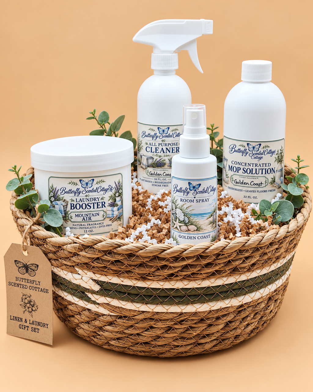 Linen and Laundry Gift Set with Golden Coast all-purpose cleaner, mop solution and room spray, plus Mountain Air laundry booster