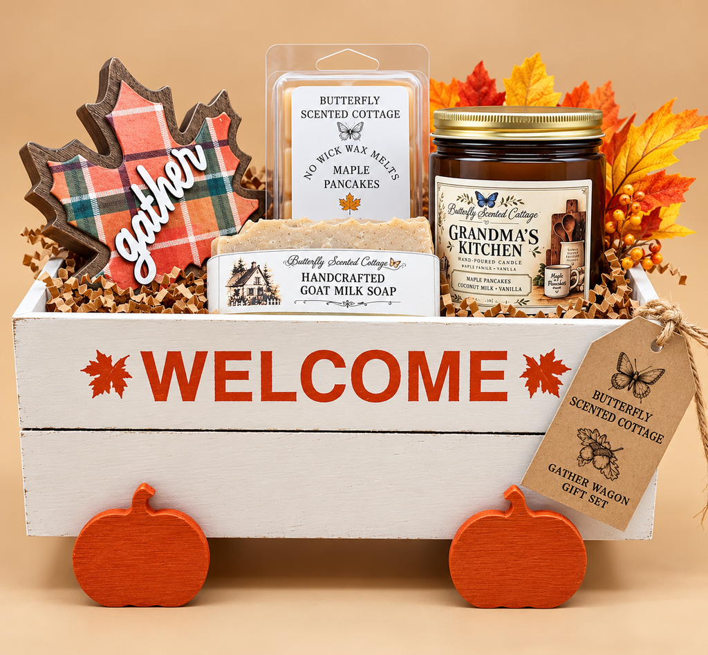 Maple Honey and Oat Gather Wagon Gift Set with Farmhouse Oat and Honey soap, Maple Pancakes wax melts and Grandma's Kitchen candle