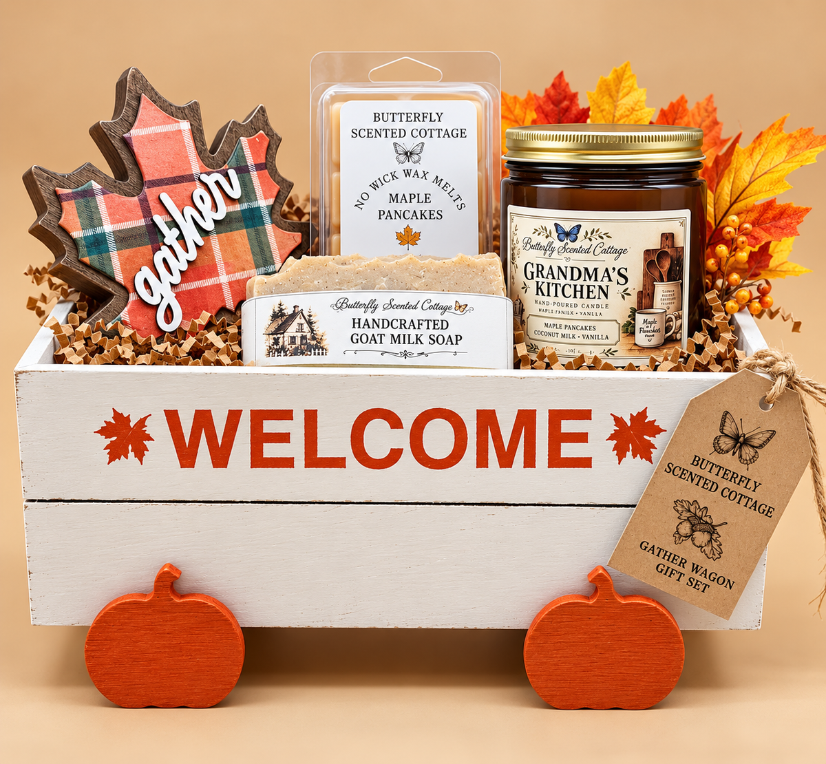 Maple Honey and Oat Gather Wagon Gift Set with Farmhouse Oat and Honey soap, Maple Pancakes wax melts and Grandma's Kitchen candle