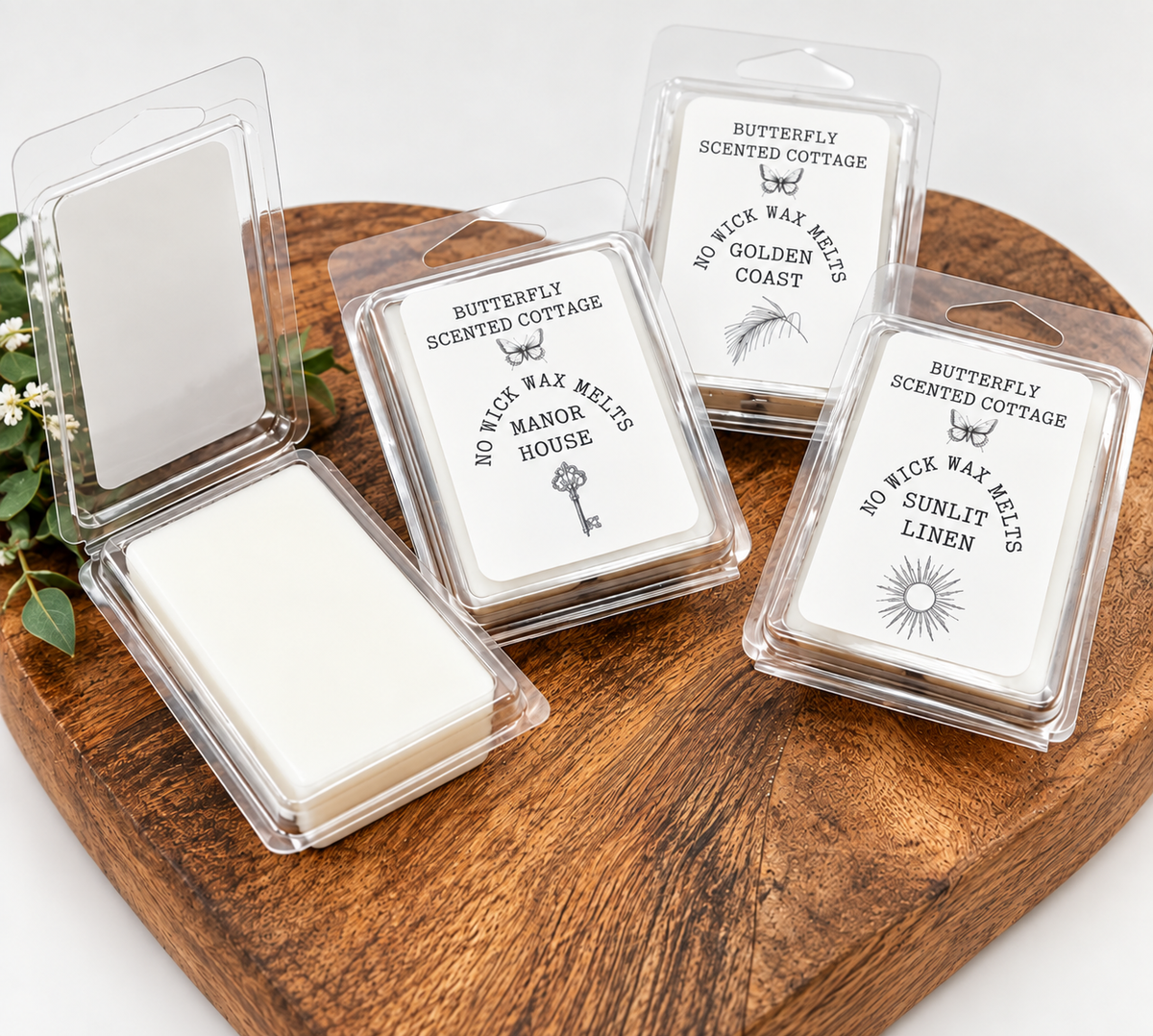 Butterfly Scented Cottage No Wick Wax Melts in Golden Coast, Manor House, and Sunlit Linen