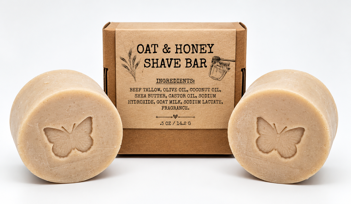 Oat & Honey Shave Bar with kraft box and butterfly-stamped shave bars