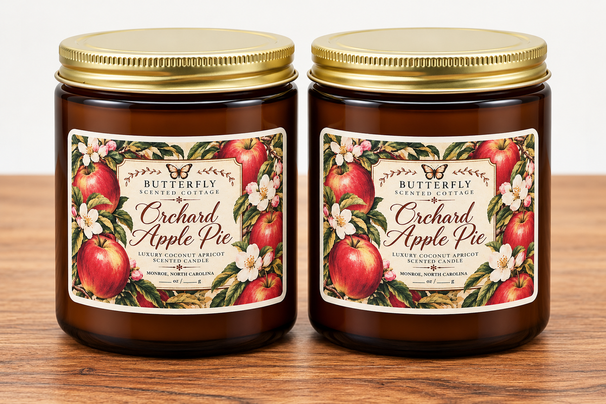 Orchard Apple Pie luxury coconut apricot scented candle by Butterfly Scented Cottage