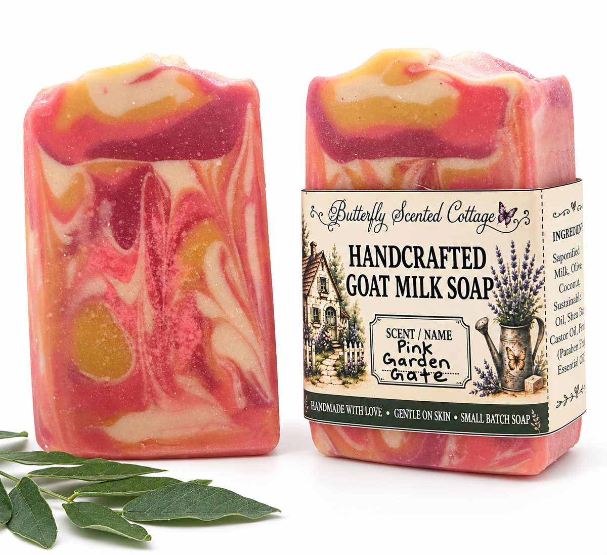 Pink Garden Gate handcrafted goat milk soap with greenery