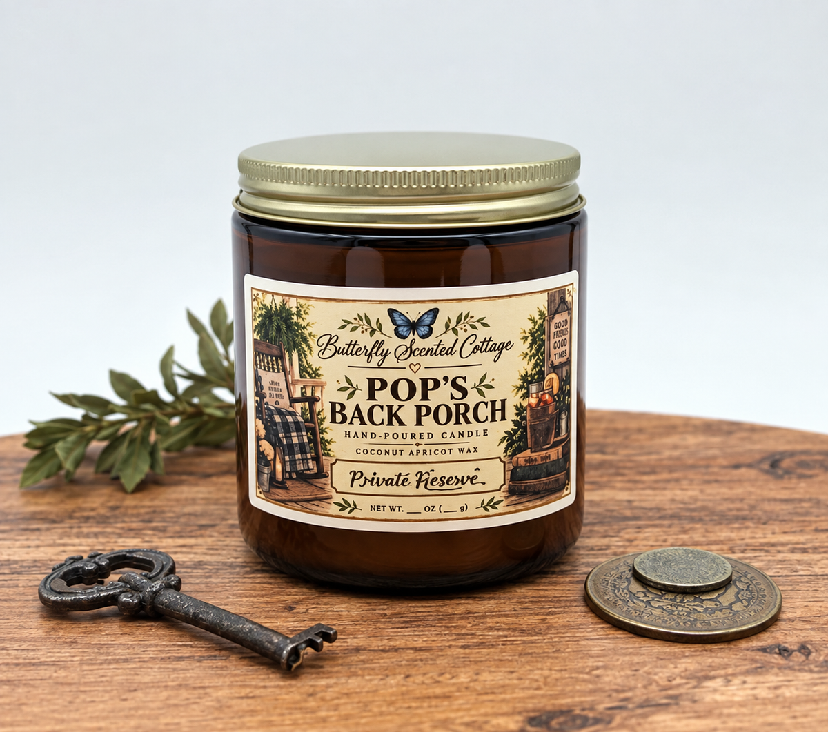 Private Reserve candle from Butterfly Scented Cottage Pop's Back Porch