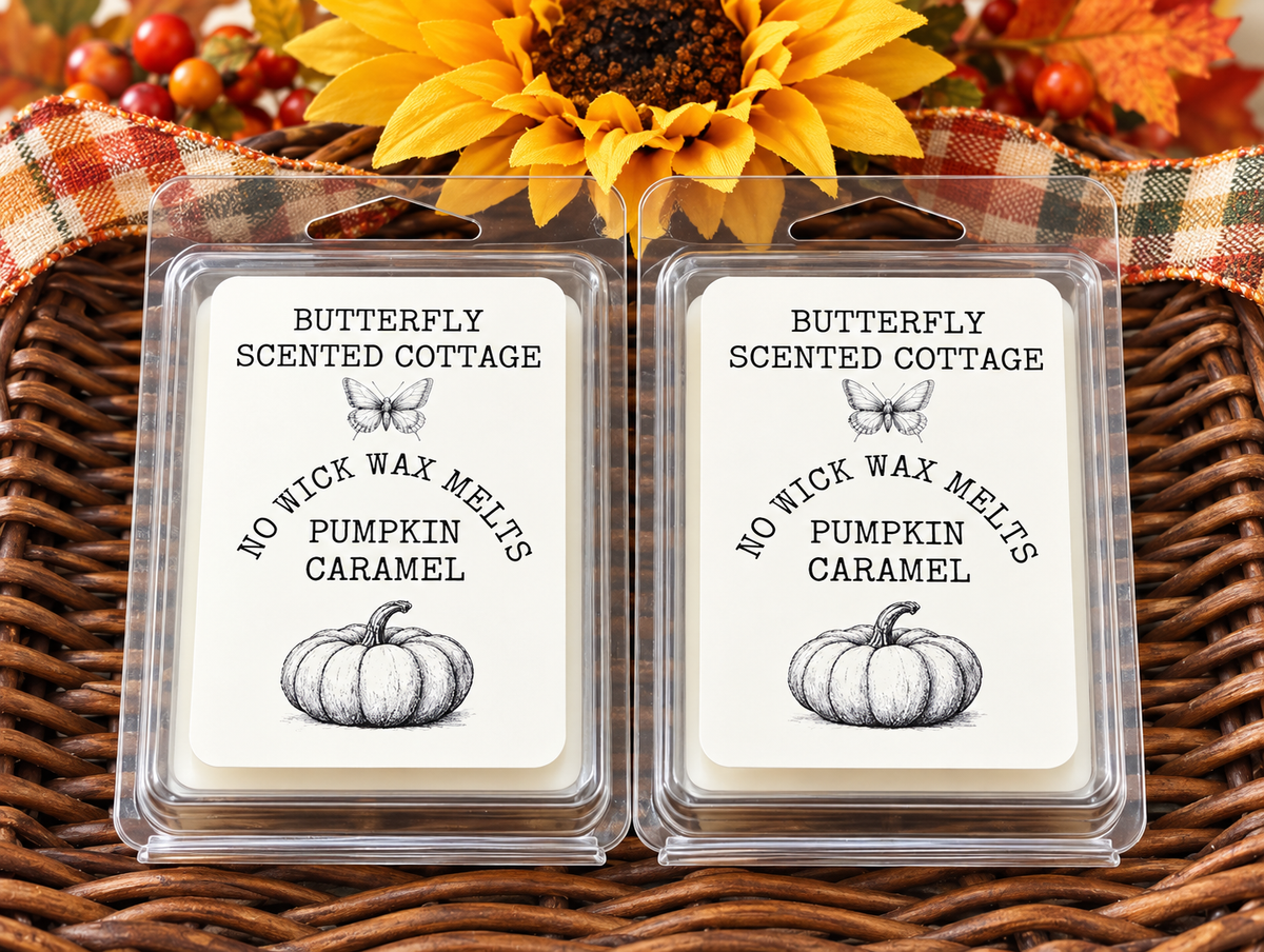 Pumpkin Caramel No Wick Wax Melts by Butterfly Scented Cottage in an autumn display