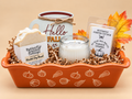 Pumpkin Harvest ceramic loaf pan gift set with Market Day Bread soap, Caramel Apple candle, Pumpkin Caramel wax melts and Hello Fall accent