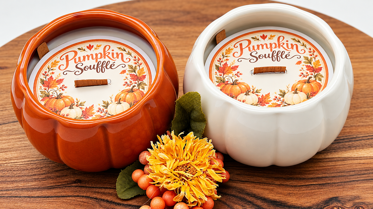 Pumpkin Soufflé candles in orange and white ceramic pumpkin jars with wood wicks