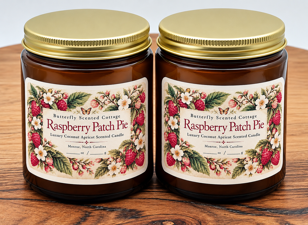 Raspberry Patch Pie luxury coconut apricot scented candle by Butterfly Scented Cottage