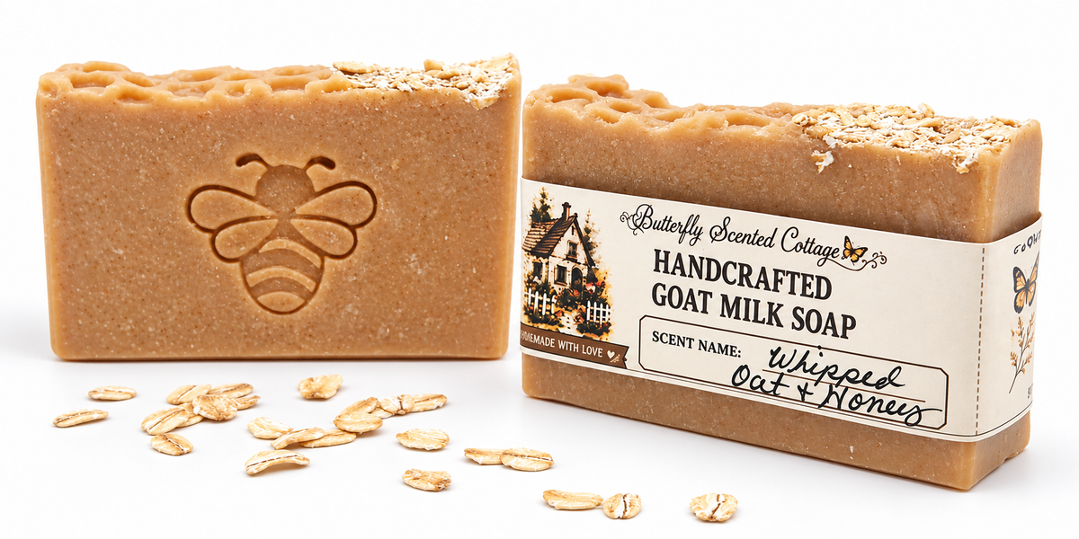 Whipped Oat & Honey handcrafted goat milk soap with oatmeal flakes