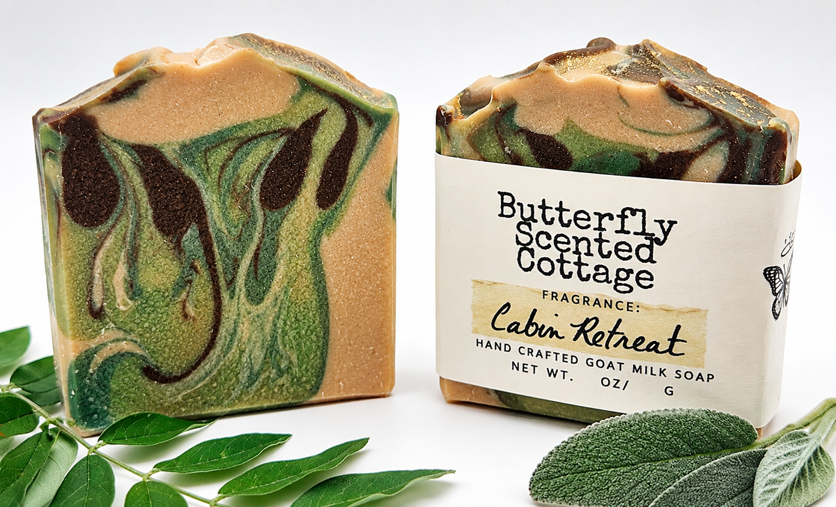 Woodland Retreat handcrafted goat milk soap, labeled Cabin Retreat